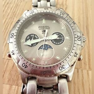 Fossil Blue mens stainless steel moon phase BQ-9011  sport watch NEW BATTERY
